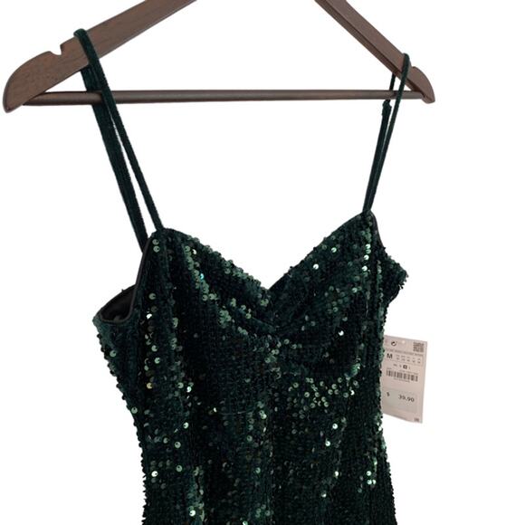 Zara Basic Green Sequin Bodycon Dress with Spaghetti Straps - Medium - Picture 4 of 5